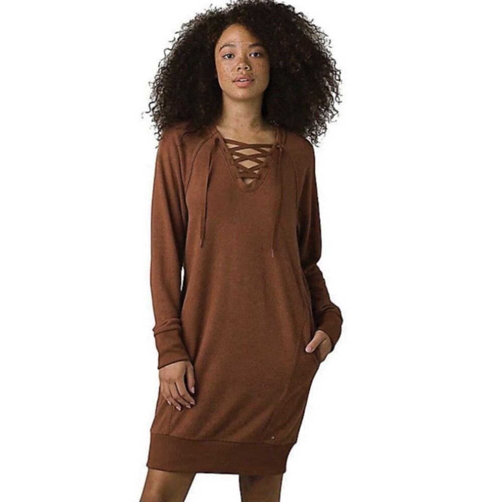 Prana Cozy Up Terry Dress Roux Heather Burnt Orange Small Relaxed Hemp UPF 50